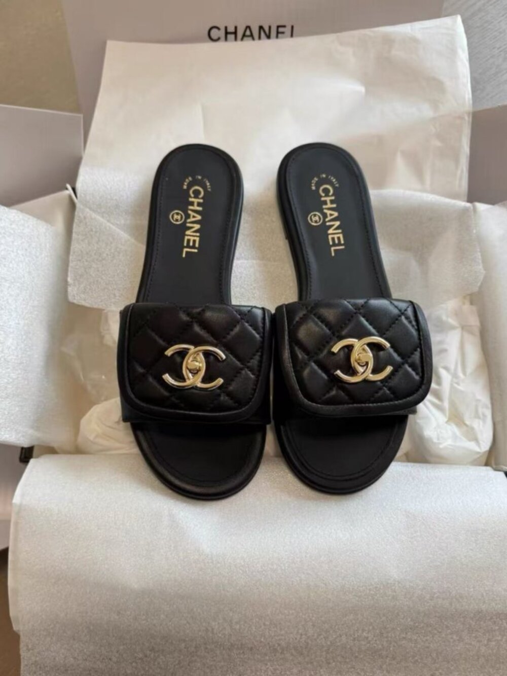 CHANEL Black Quilted Lambskin CC Flat Slide Sandals
